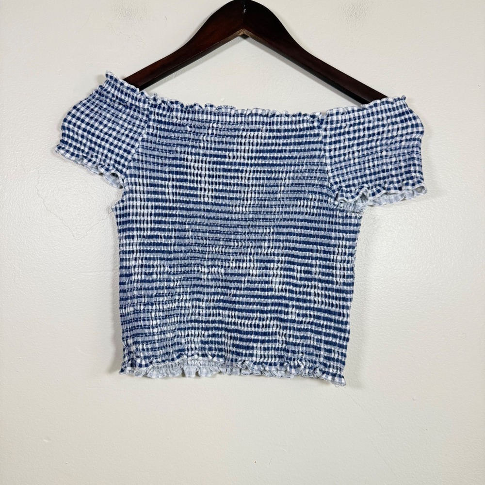 Bongo Gingham Smocked Off The Shoulder Crop Top Size L/XL Blue White